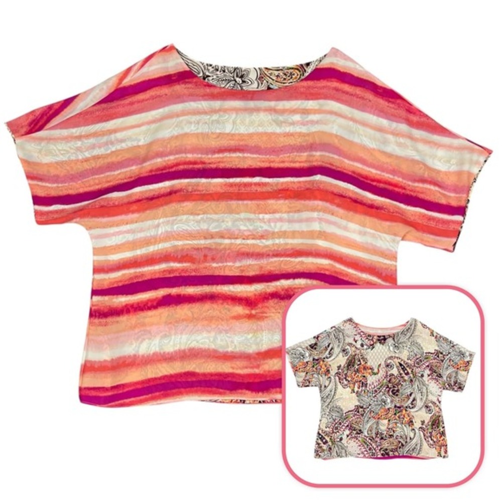 Chicos Blouse Womens 3/XL Reversible Paisley Print Striped Dolman Short Sleeve‎